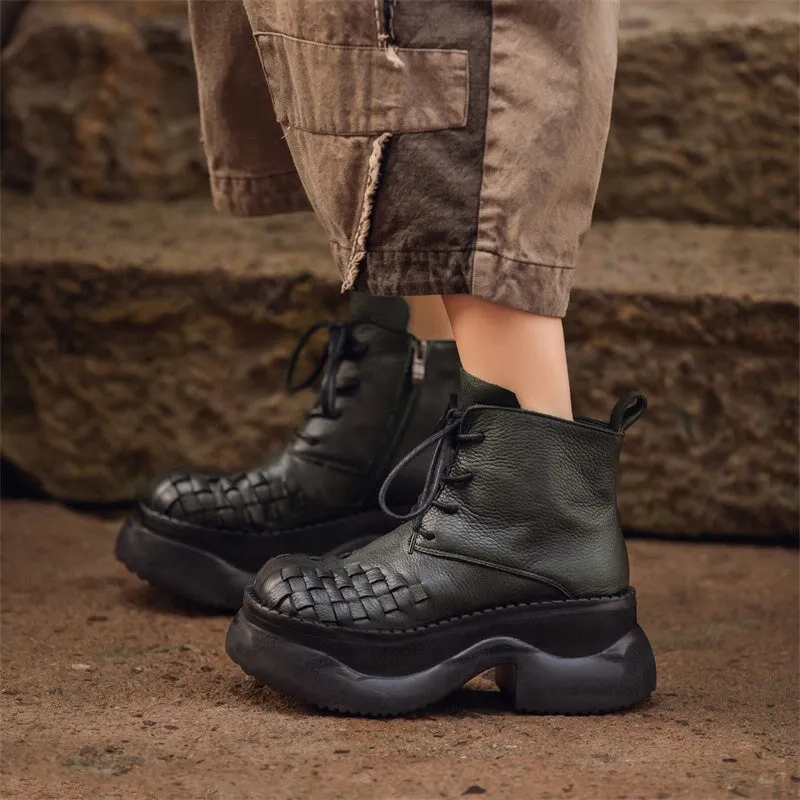 Lace up Leather Martin Boots 65mm Platform Boots Handmade Combat Boots in Green/Black