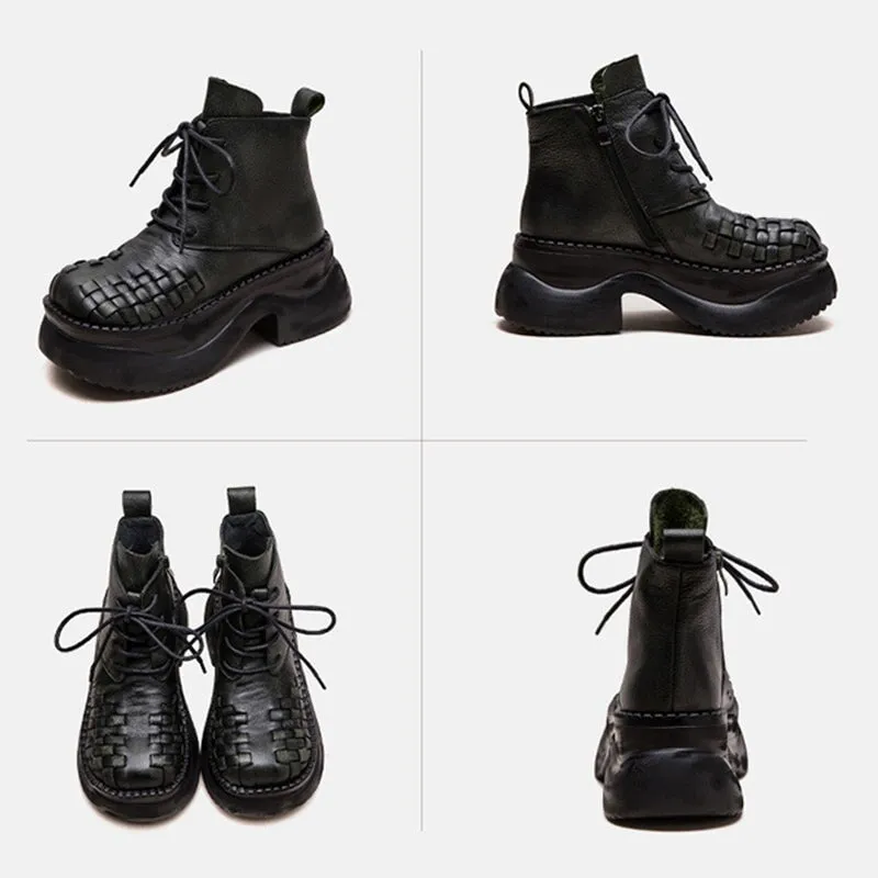 Lace up Leather Martin Boots 65mm Platform Boots Handmade Combat Boots in Green/Black