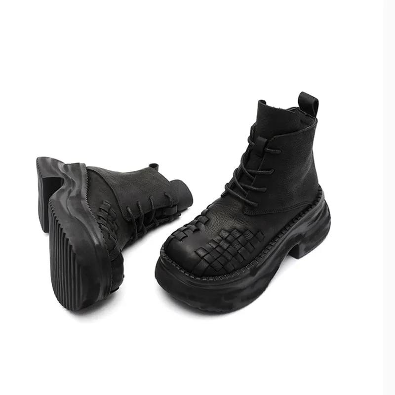 Lace up Leather Martin Boots 65mm Platform Boots Handmade Combat Boots in Green/Black