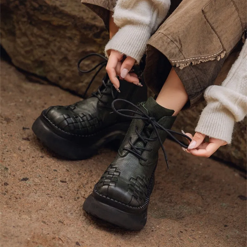 Lace up Leather Martin Boots 65mm Platform Boots Handmade Combat Boots in Green/Black