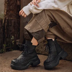 Lace up Leather Martin Boots 65mm Platform Boots Handmade Combat Boots in Green/Black