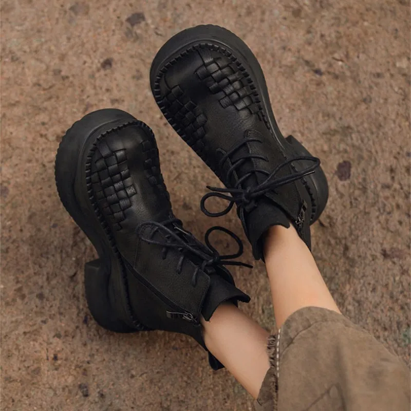 Lace up Leather Martin Boots 65mm Platform Boots Handmade Combat Boots in Green/Black