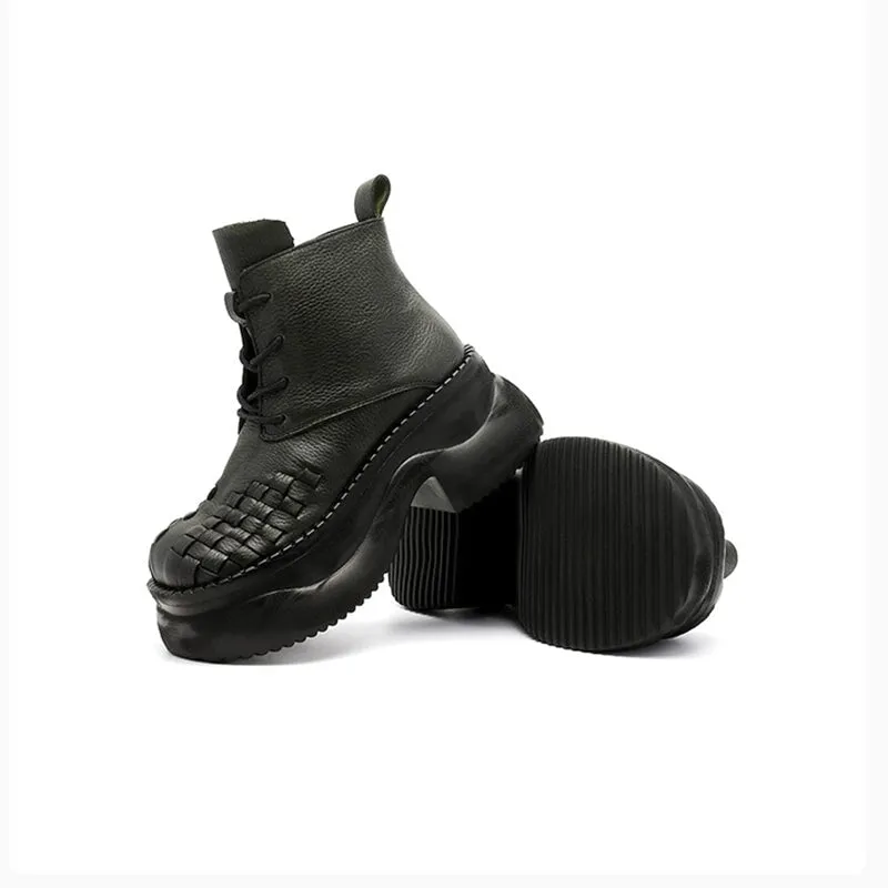 Lace up Leather Martin Boots 65mm Platform Boots Handmade Combat Boots in Green/Black