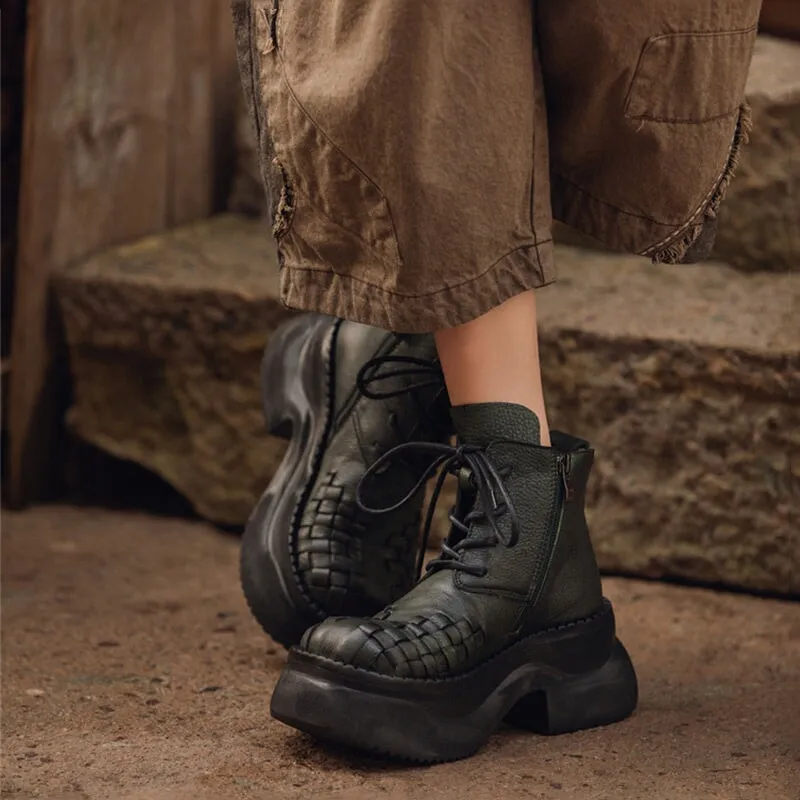 Lace up Leather Martin Boots 65mm Platform Boots Handmade Combat Boots in Green/Black
