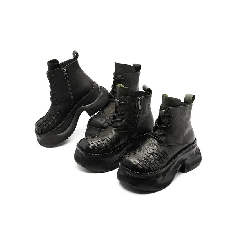 Lace up Leather Martin Boots 65mm Platform Boots Handmade Combat Boots in Green/Black