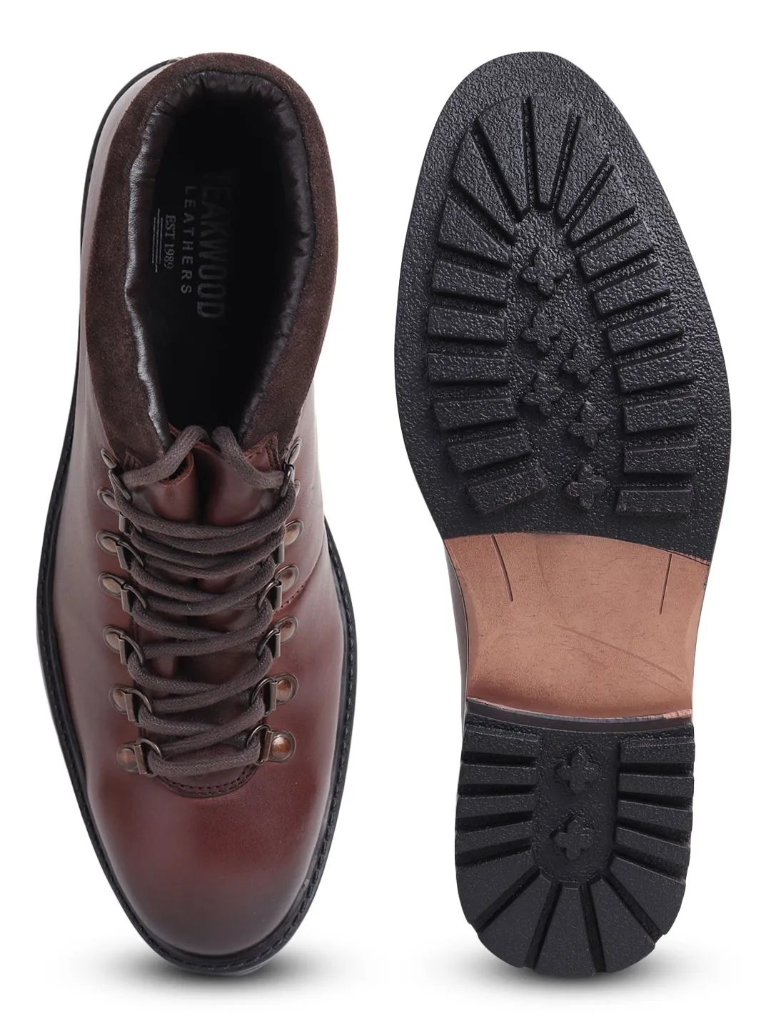 Men Brown Solid Leather Mid-Top Flat Boots