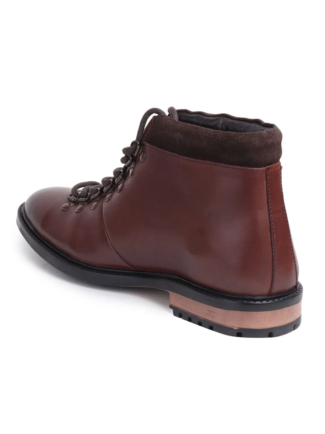 Men Brown Solid Leather Mid-Top Flat Boots