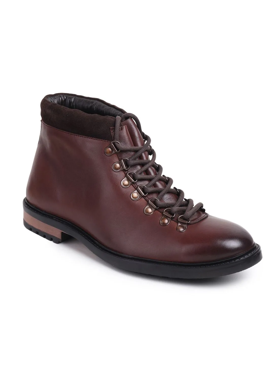 Men Brown Solid Leather Mid-Top Flat Boots